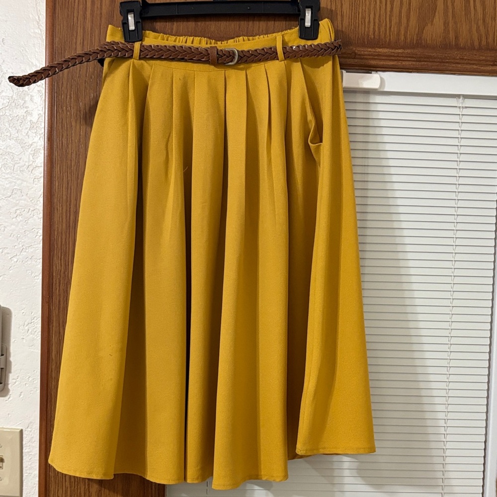 ModCloth Yellow Pleated Skirt with Brown Belt